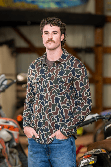 The Blender | Grey Duck Camo Chinchilla Soft™ Long Sleeve Stretch Button Up Shirt
