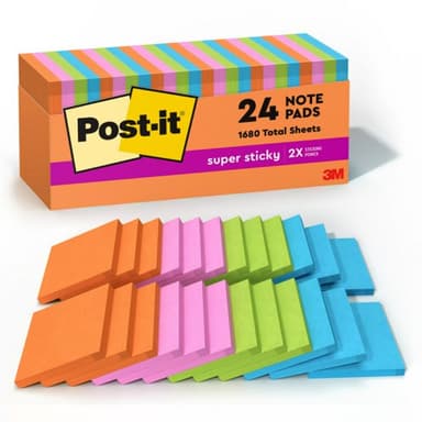 Post-it Super Sticky Notes, 3 in x 3 in, 24 Pads, 70 Sheets/Pad, 2x the Sticking Power, School and Office Supplies, Energy Boost Collection