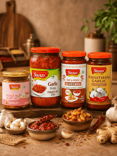 SWAD Combo Pack of Garlic Pickle in Olive| Garlic Pickle| Schezwan Chutney| Rajasthani Garlic Chutney