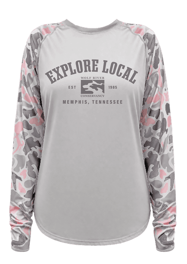 Wolf River Conservancy - Explore Local Crew Neck Shirt Pink Critter Camo