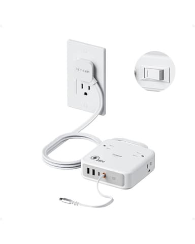 TESSAN 8-in-1 Flat Plug Surge Protector with Retractable USB-C Cable