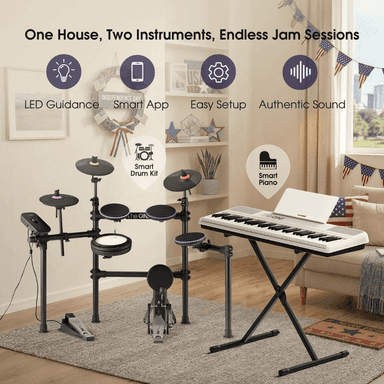 TheONE Family Music Starter Pack - COLOR Smart Piano & TOD1 Smart Drum Set, Built-in LED Lights Connected with Learning App