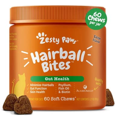 Zesty Paws Hairball Bites For Cat - Bacon Flavor - 60 Count Soft Chews