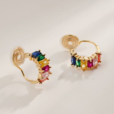 Colorful Cubic Zirconia Ear Clips On Hoop Earrings, No Piercing Pain-Free Geometric Small Circle Ear Jewelry