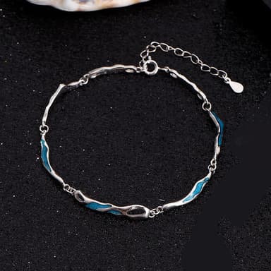 S925 Sterling Silver Blue Wave Enamel Couple Bracelets, Irregular Geometric Design Matching Wrist Jewelry for Men Women