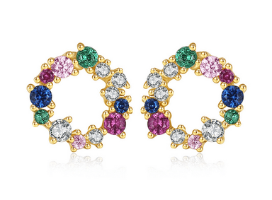 Sterling Silver Colorful Cubic Zirconia Stud Earrings, Minimal Round Geometric Cute Micro Paved Ear Jewelry