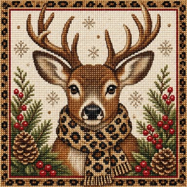Needlepoint Deer with Leopard Scarf Christmas Metal Sign TTE-784