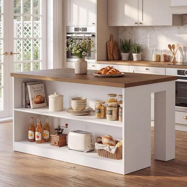 55" Farmhouse Kitchen Island, Stationary Island Prep Dining Table with 2-Tier Open Shelves