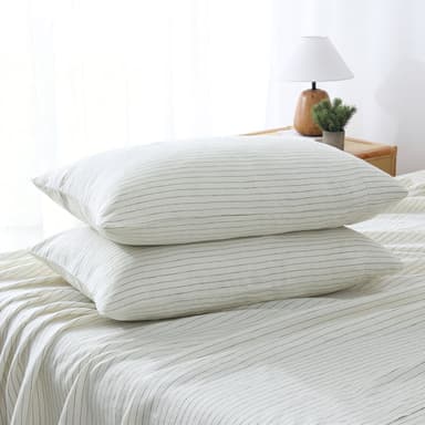 100% Pure French Linen Pillowcases (Set of 2) - Green Pinstripe