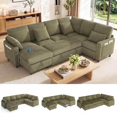 EROMMY 6-Seater Modular Sofa Bed with Reversible Storage Chaise Lounge, Corduroy U-Shaped Convertible Sleeper Couch Set , Green