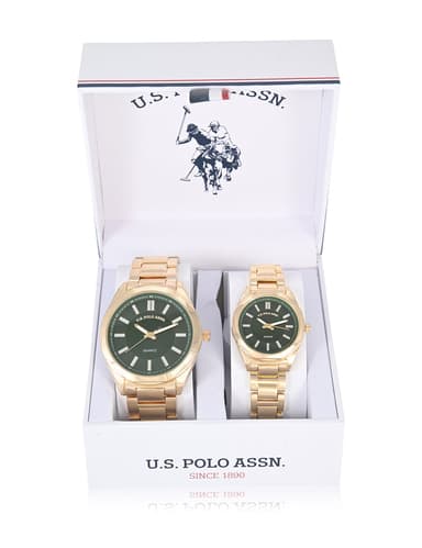 HIS AND HERS GOLD LINK WITH GREEN DIAL WATCH SET