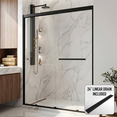 Satro 56 to 60 in W x 74 in H Double-Sliding Door in Matte Black (6mm) Clear Glass and Elan 24 in. Linear Shower Drain