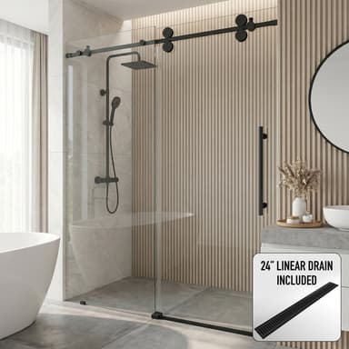 Elan 52-56 in. W x 74 in. H Frameless Sliding Shower Door in Matte Black with 3/8 in. (10mm) Clear Glass and Elan 24 in. Linear Shower Drain