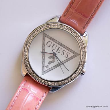 Vintage Silver-tone Guess Triangle Ladies Watch Pink Strap & Gemstones
