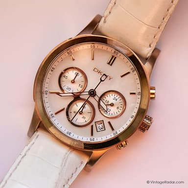 Vintage 38-mm Rose-Gold DKNY Chronograph Watch for Her with White Strap