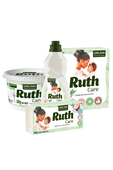 Kit Ruth Care: 1 Sabão Liquido Coco 500ml + 1 Sabão em Pasta Coco 500g + 1 Sabão em Pedra 5x180g + 1 Sabão em Pó Cartucho 500g
