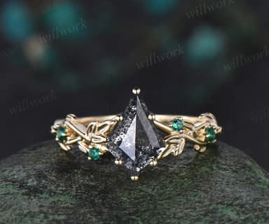 7x10mm Kite Cut Salt and Pepper Diamond Engagement Ring Emerald Leaf Twig Promise Ring Gifts for Her