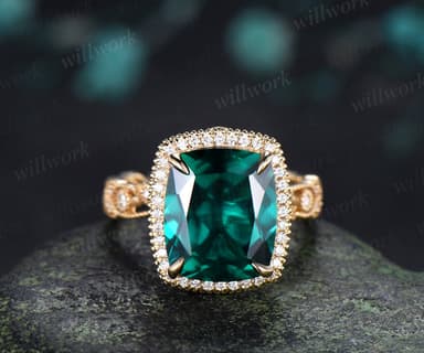 Cushion Cut Filigree Halo Emerald Engagement Ring Vintage Leaf Milgrain Full Eternity Ring May Birthstone Jewelry