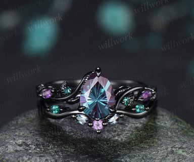 Fireworks Cut Alexandrite Engagement Ring Set Twig Leaf Amethyst Emerald Accent Promise Ring Matching Wedding Band Nature Inspired Bridal Set