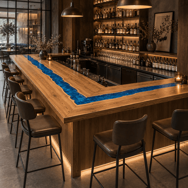 Walnut Wood Blue Epoxy L-Shape Bar Table for Restaurant