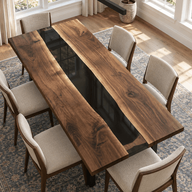Handcrafted Black Walnut Black River Epoxy Resin Table for Dining Room