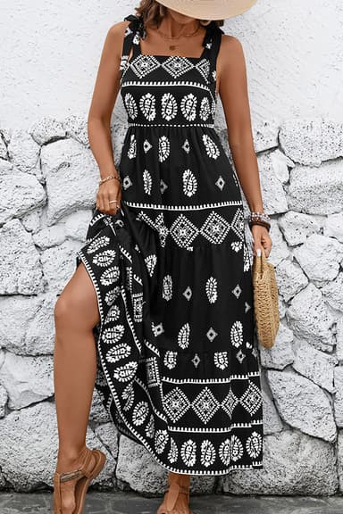 Ethnic Printed Tie Shoulder Maxi Dress