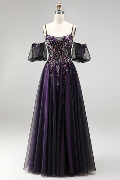 Dark Purple Rhinestone Appliques A-Line Glitter Long Prom Dress with Puff Sleeves