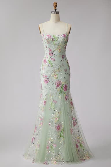 Light Corset Mermaid Floral Sequins Long Prom Dress with Lace Up Back