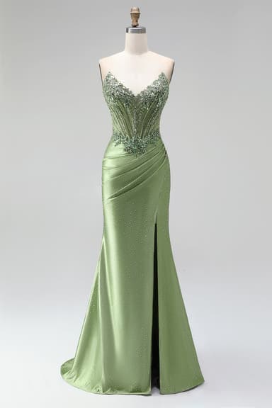 Green Corset V-Neck Rhinestone Sheer Satin Ruched Beaded Long Prom Dress with Slit