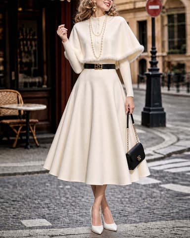 Vintage Knit Collar Fringe Cape & Swing Midi Skirt Two-Piece Set